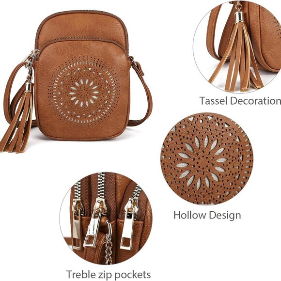 Small Crossbody Bag Faux Leather Boho Style with Tassel and Triple Zips - Picture 4 of 7